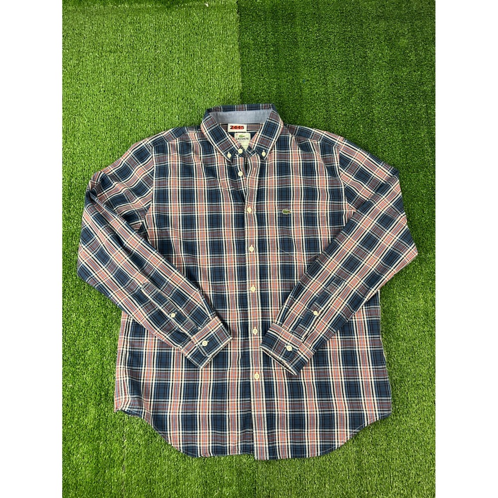 Lacoste Mens Regular Fit Plaid Button Down Shirt Navy Blue Red White Size 42 LG